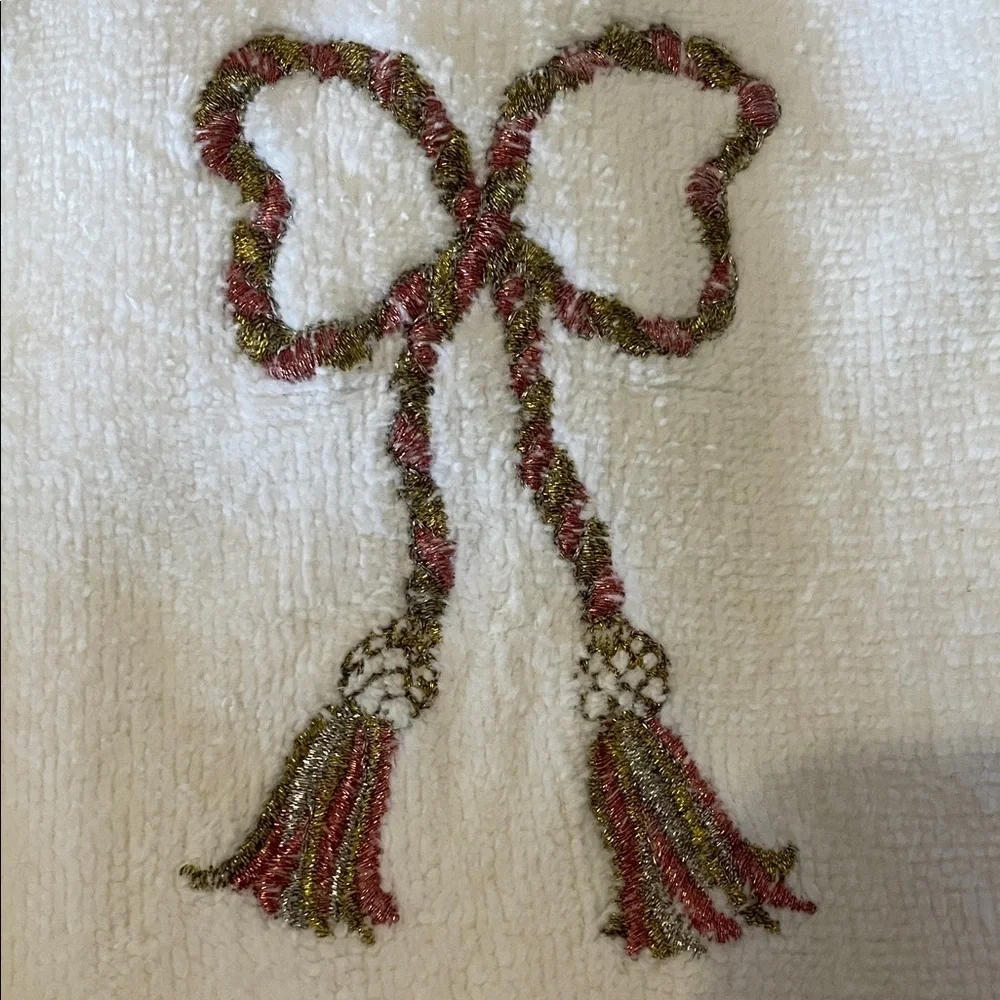 White Hand Towels with Embroidered Bow Tassel Design